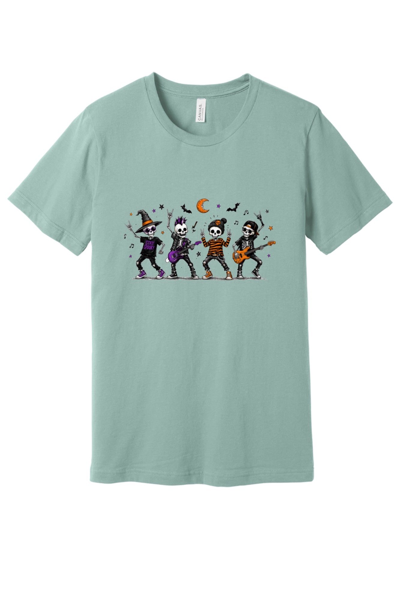 Stay Spooky skeleton punk rock band Halloween printed unisex tee with orange moon and bats in Dusty Blue