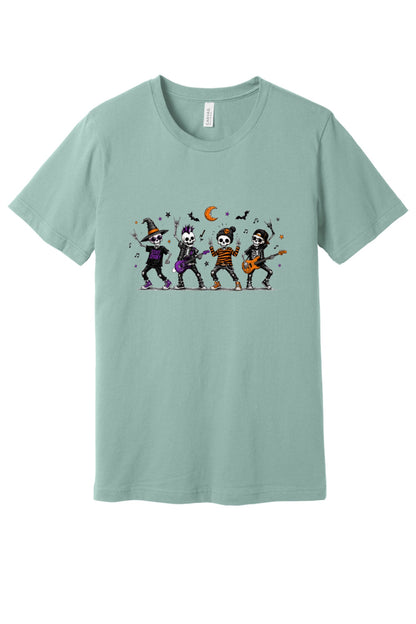 Stay Spooky skeleton punk rock band Halloween printed unisex tee with orange moon and bats in Dusty Blue