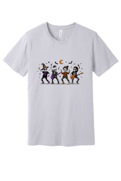 Stay Spooky skeleton punk rock band Halloween printed unisex tee with orange moon and bats in Lavender Dust