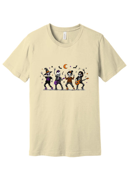 Stay Spooky skeleton punk rock band Halloween printed unisex tee with orange moon and bats in Natural