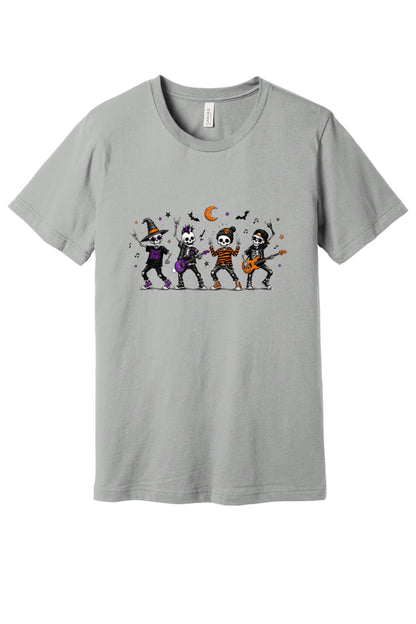 Stay Spooky skeleton punk rock band Halloween printed unisex tee with orange moon and bats in Silver