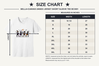 Stay Spooky skeleton punk rock band Halloween printed unisex tee with orange moon and bats - size chart