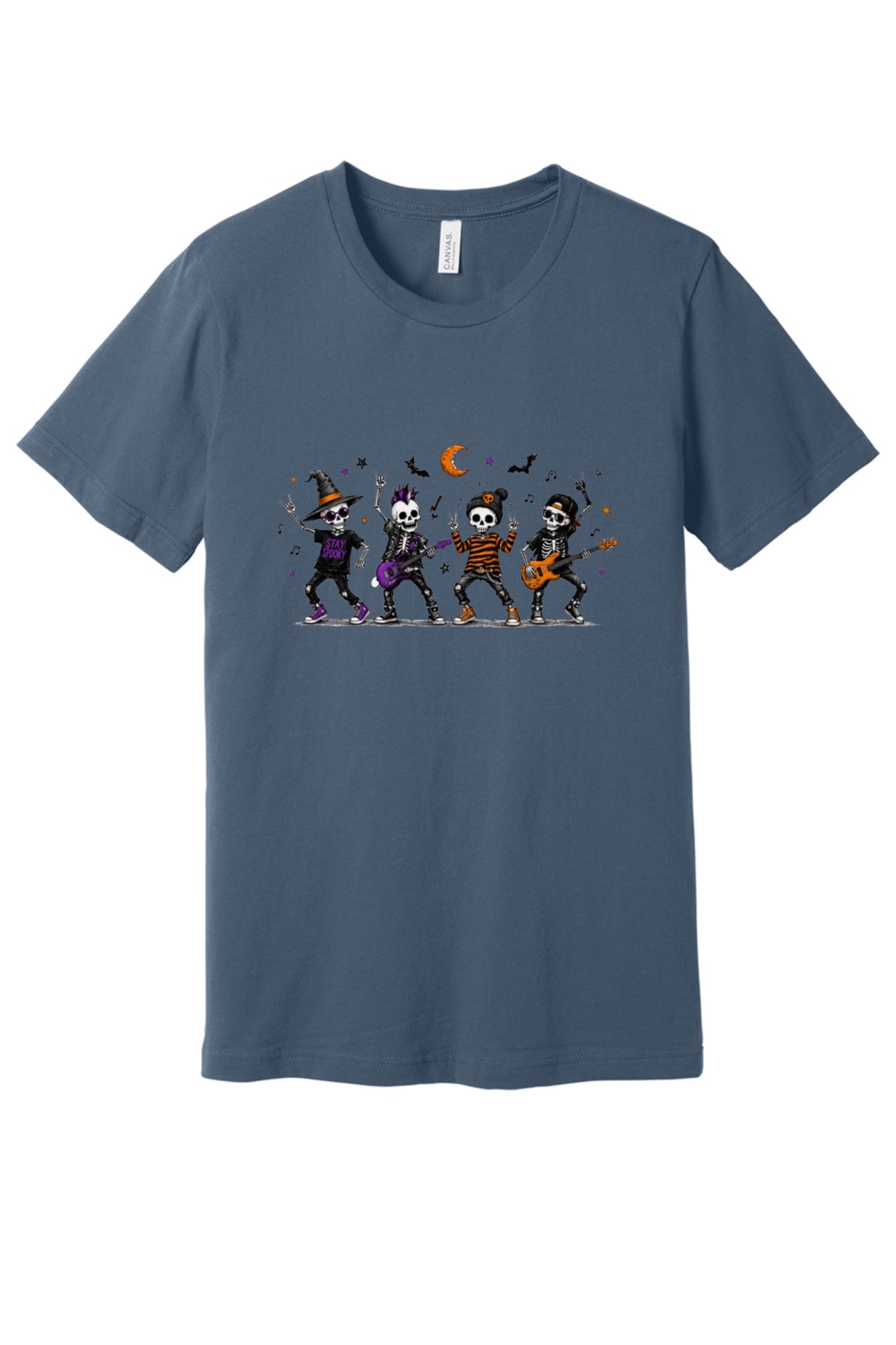 Stay Spooky skeleton punk rock band Halloween printed unisex tee with orange moon and bats in Slate