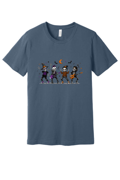 Stay Spooky skeleton punk rock band Halloween printed unisex tee with orange moon and bats in Slate