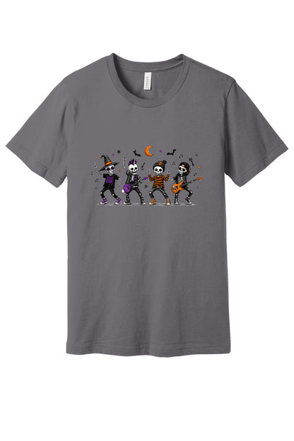 Stay Spooky skeleton punk rock band Halloween printed unisex tee with orange moon and bats in Storm
