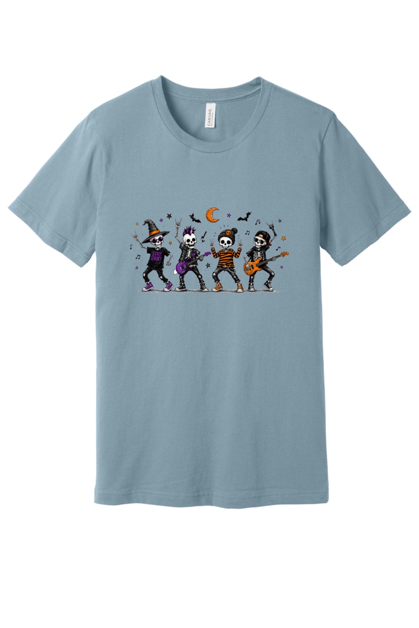 Stay Spooky skeleton punk rock band Halloween printed unisex tee with orange moon and bats in Vintage Denim