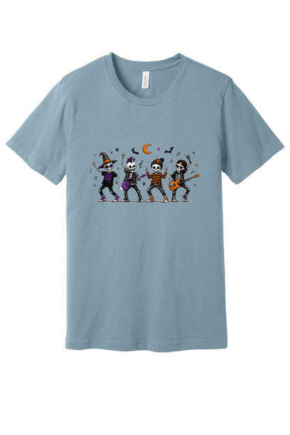 Stay Spooky skeleton punk rock band Halloween printed unisex tee with orange moon and bats in Vintage Denim