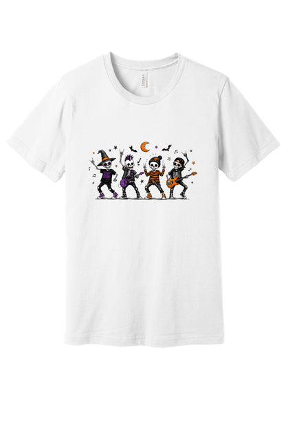 Stay Spooky skeleton punk rock band Halloween printed unisex tee with orange moon and bats in White