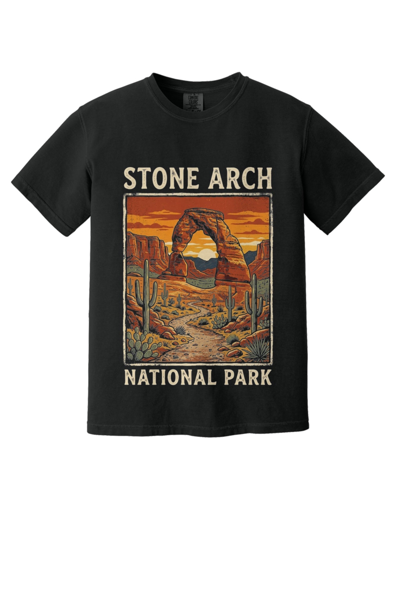 Stone Arch National Park printed tee, retro red rock arch and cactus sunset design on garment-dyed cotton shirt in Black