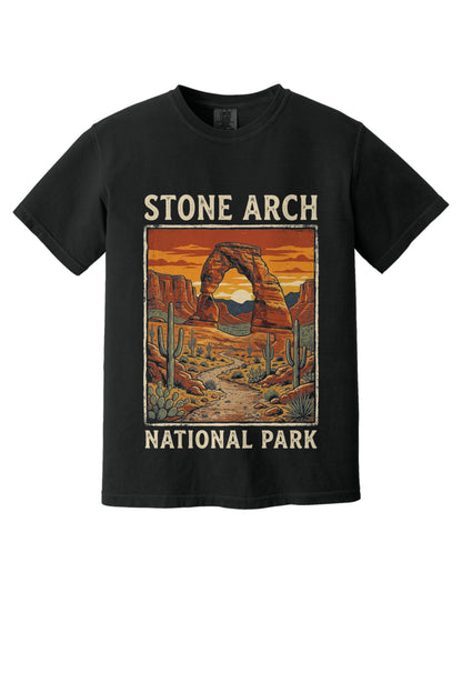 Stone Arch National Park printed tee, retro red rock arch and cactus sunset design on garment-dyed cotton shirt in Black