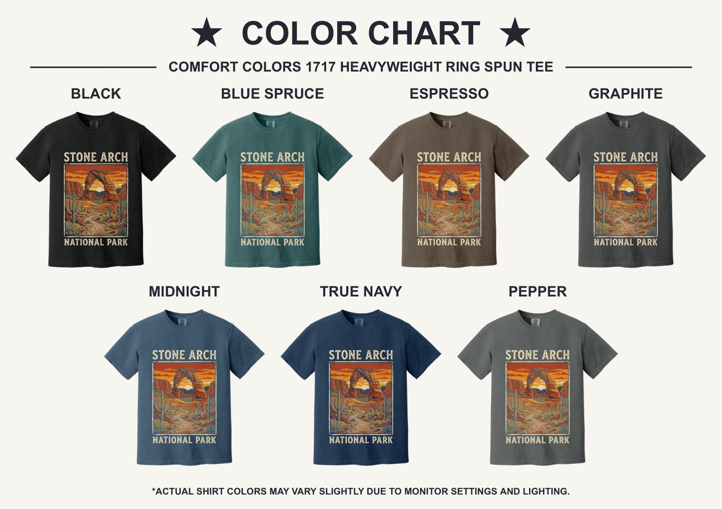 Stone Arch National Park printed tee, retro red rock arch and cactus sunset design on garment-dyed cotton shirt - available shirt colors chart