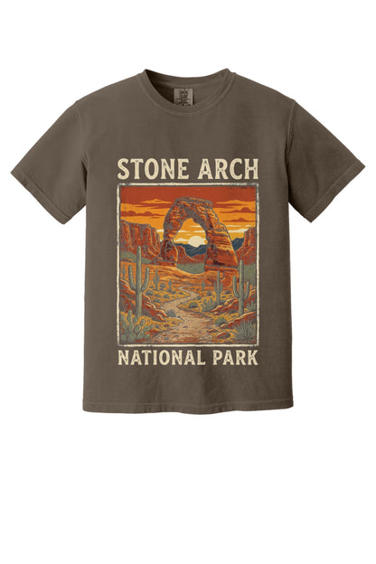 Stone Arch National Park printed tee, retro red rock arch and cactus sunset design on garment-dyed cotton shirt in Espresso