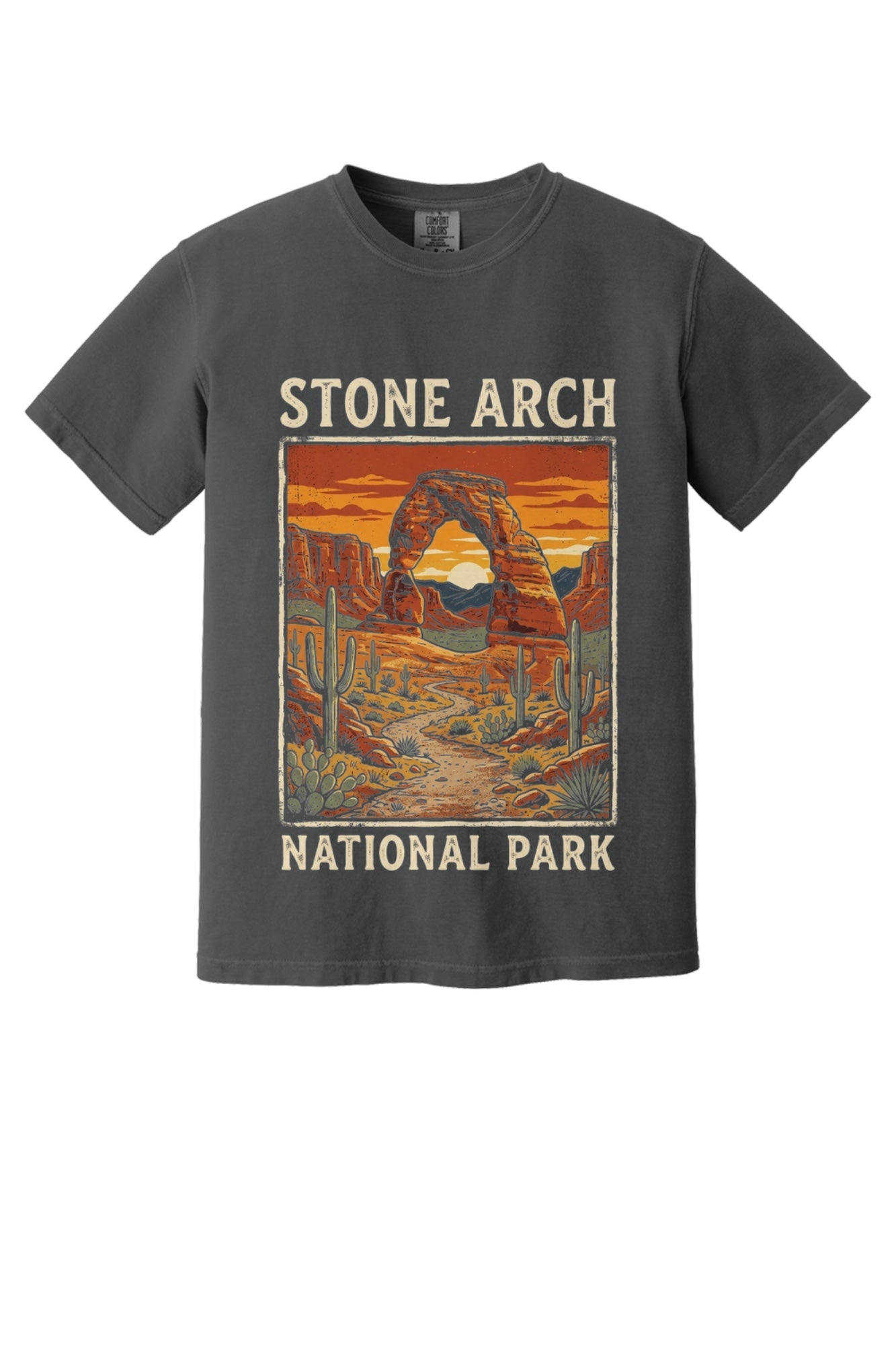 Stone Arch National Park printed tee, retro red rock arch and cactus sunset design on garment-dyed cotton shirt in Graphite
