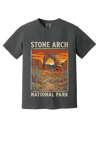 Stone Arch National Park printed tee, retro red rock arch and cactus sunset design on garment-dyed cotton shirt in Graphite