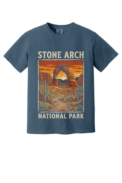 Stone Arch National Park printed tee, retro red rock arch and cactus sunset design on garment-dyed cotton shirt in Midnight