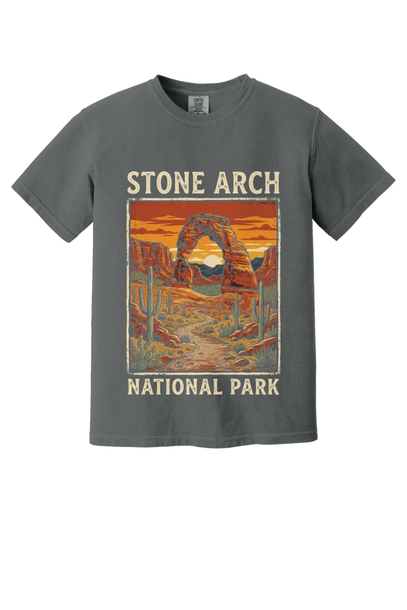 Stone Arch National Park printed tee, retro red rock arch and cactus sunset design on garment-dyed cotton shirt in Pepper