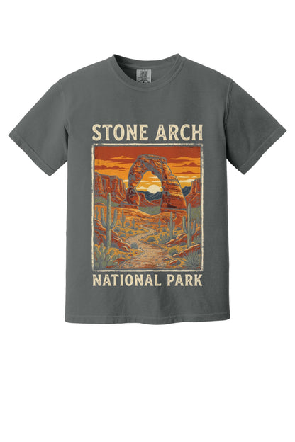 Stone Arch National Park printed tee, retro red rock arch and cactus sunset design on garment-dyed cotton shirt in Pepper