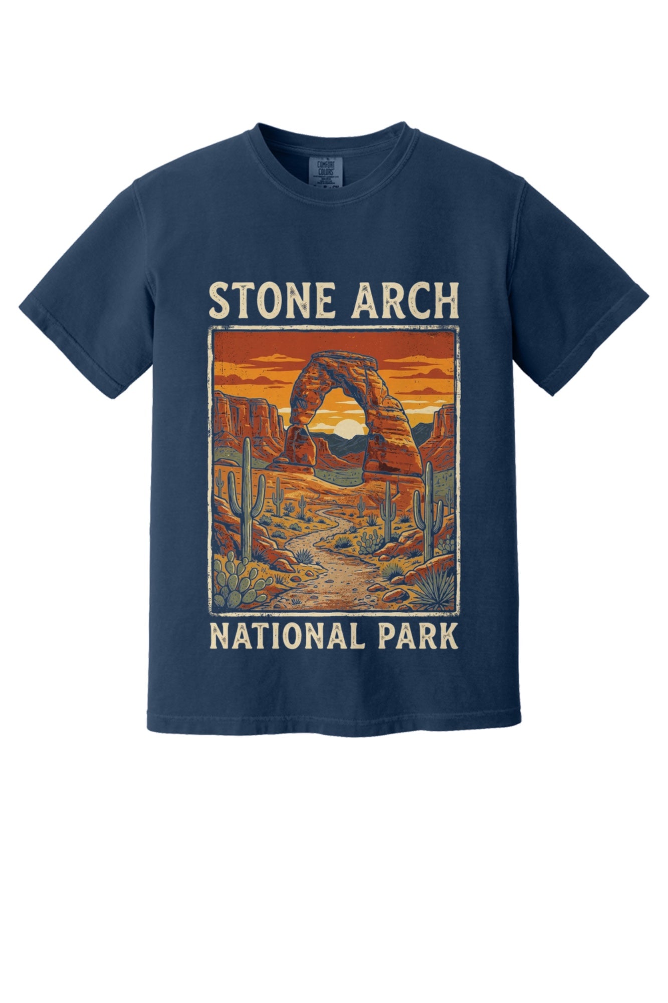 Stone Arch National Park printed tee, retro red rock arch and cactus sunset design on garment-dyed cotton shirt in True Navy