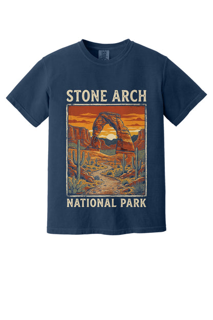 Stone Arch National Park printed tee, retro red rock arch and cactus sunset design on garment-dyed cotton shirt in True Navy