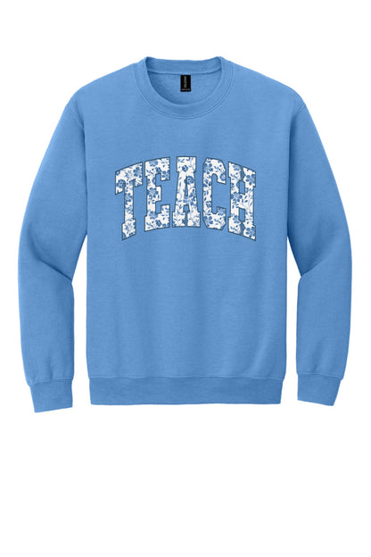 TEACH blue chinoiserie floral print DTF crewneck sweatshirt, back to school teacher gift in Carolina Blue