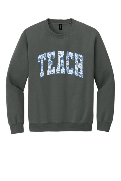 TEACH blue chinoiserie floral print DTF crewneck sweatshirt, back to school teacher gift in Charcoal