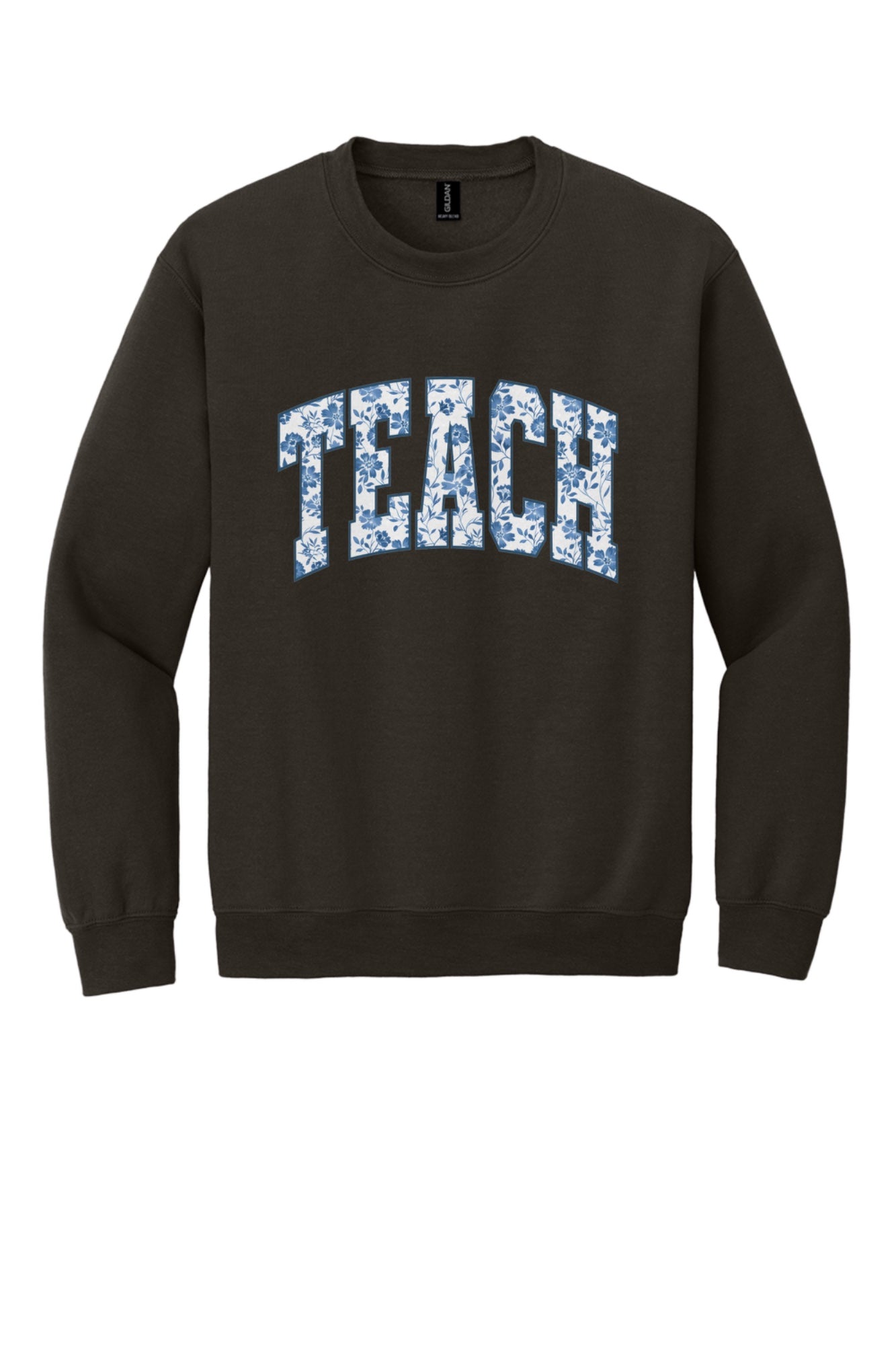 TEACH blue chinoiserie floral print DTF crewneck sweatshirt, back to school teacher gift in Dark Chocolate