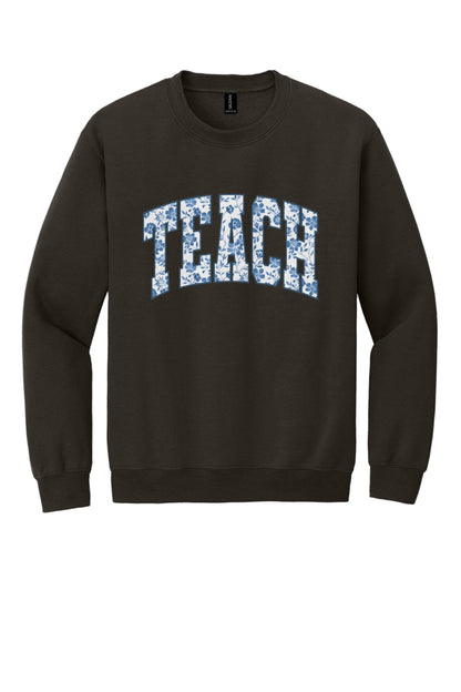 TEACH blue chinoiserie floral print DTF crewneck sweatshirt, back to school teacher gift in Dark Chocolate