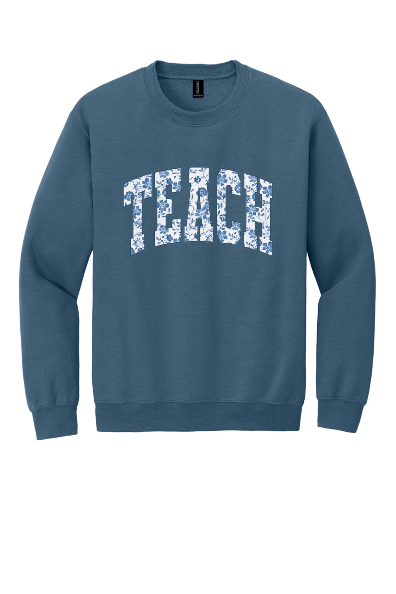 TEACH blue chinoiserie floral print DTF crewneck sweatshirt, back to school teacher gift in Indigo Blue