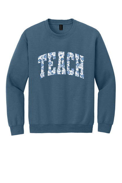 TEACH blue chinoiserie floral print DTF crewneck sweatshirt, back to school teacher gift in Indigo Blue