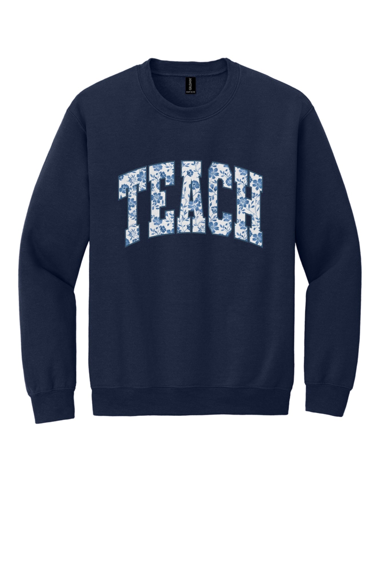 TEACH blue chinoiserie floral print DTF crewneck sweatshirt, back to school teacher gift in Navy