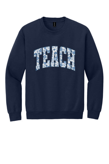 TEACH blue chinoiserie floral print DTF crewneck sweatshirt, back to school teacher gift in Navy
