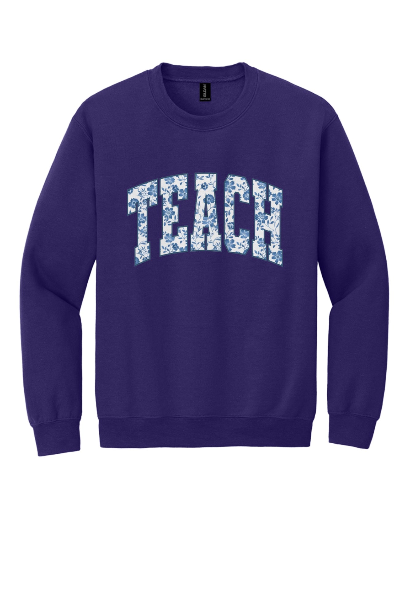 TEACH blue chinoiserie floral print DTF crewneck sweatshirt, back to school teacher gift in Purple