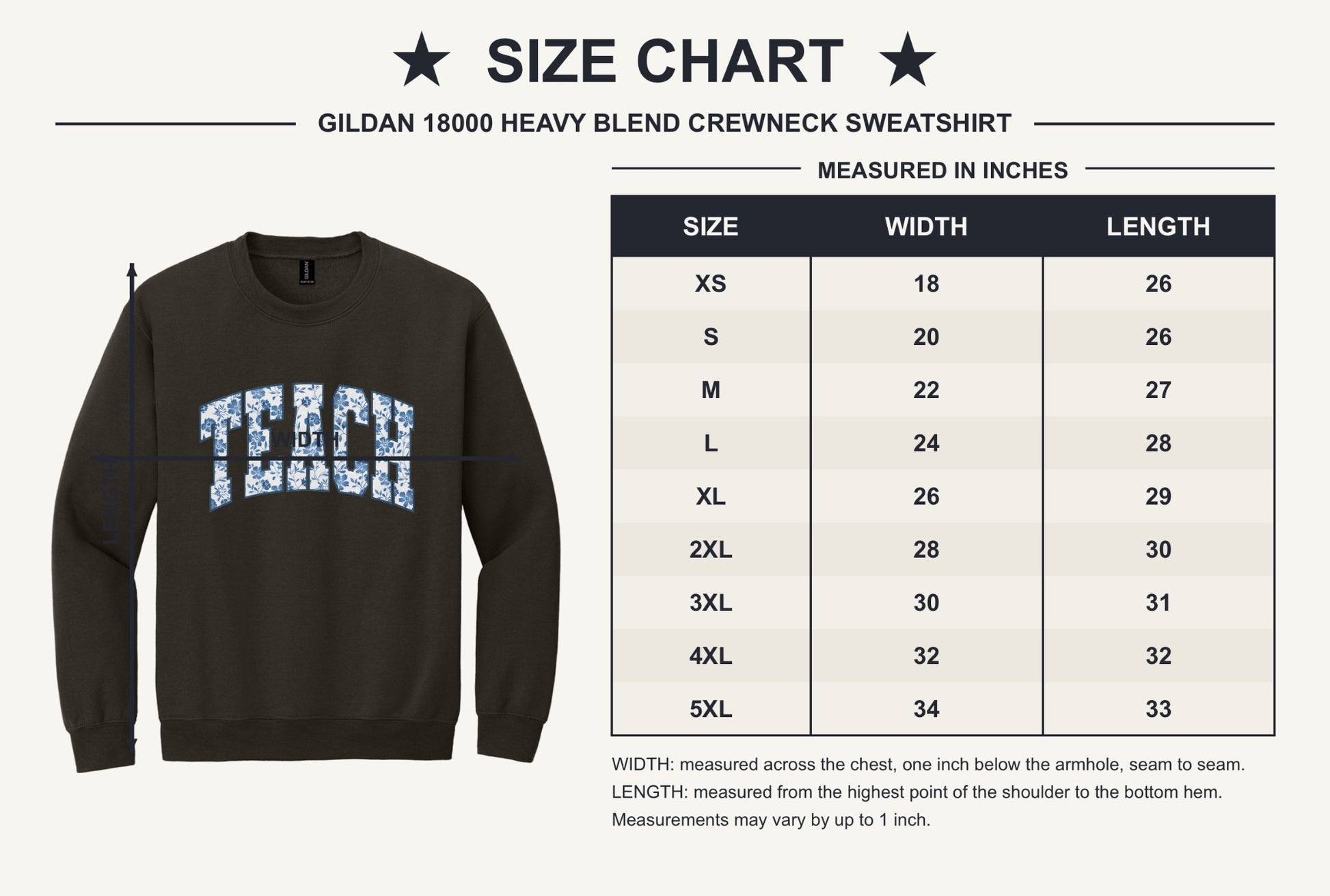 TEACH blue chinoiserie floral print DTF crewneck sweatshirt, back to school teacher gift - size chart