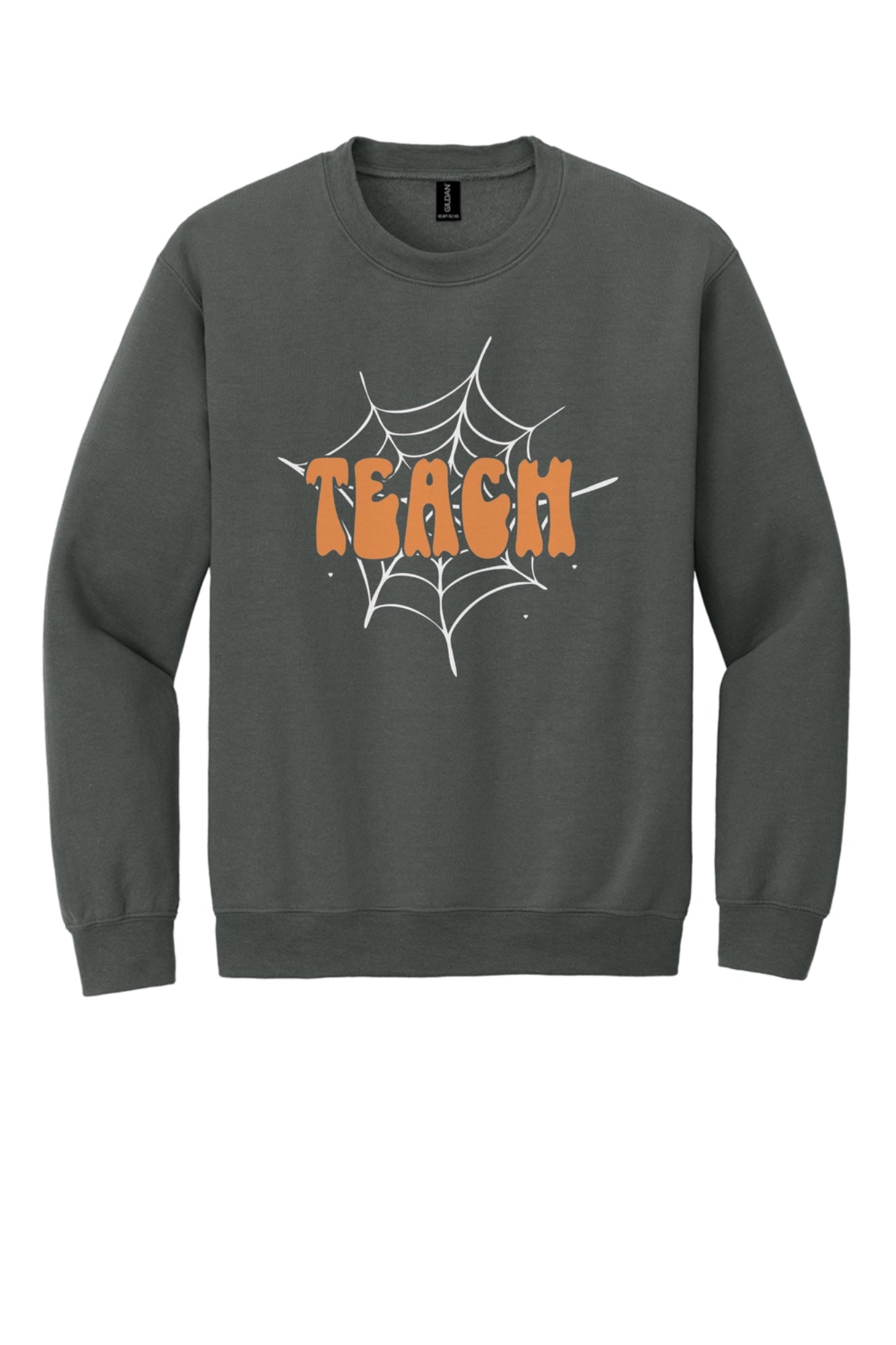 Teach groovy retro bubble letter Halloween crewneck sweatshirt, warm orange DTF print on dark fabric in Charcoal