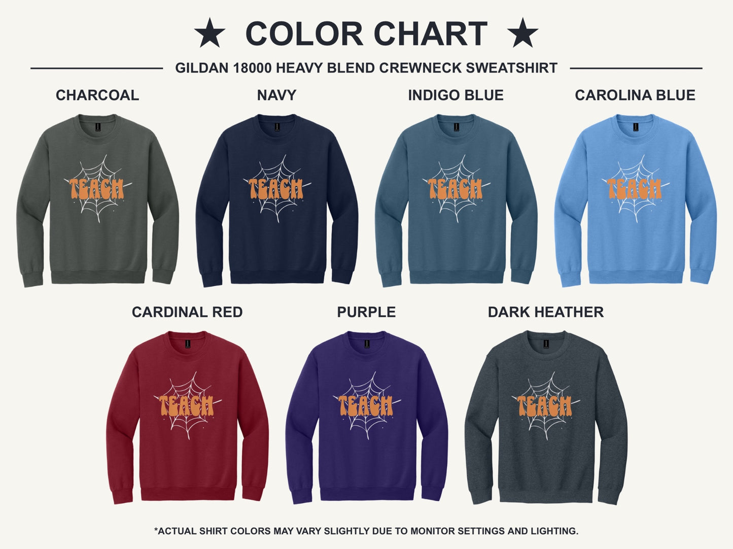 Teach groovy retro bubble letter Halloween crewneck sweatshirt, warm orange DTF print on dark fabric - available shirt colors chart