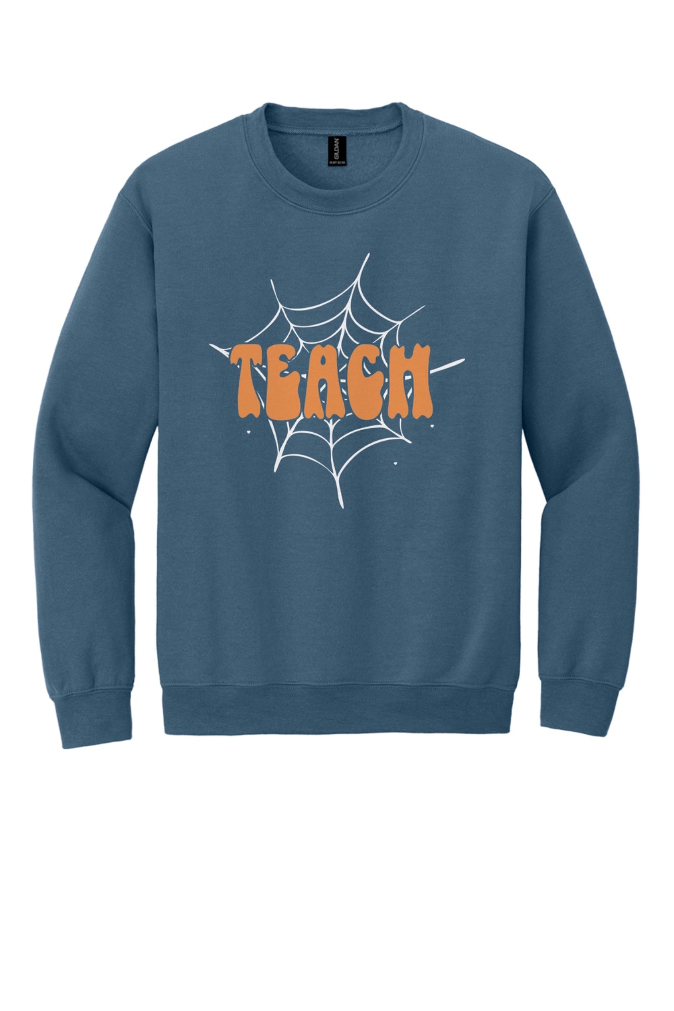 Teach groovy retro bubble letter Halloween crewneck sweatshirt, warm orange DTF print on dark fabric in Indigo Blue