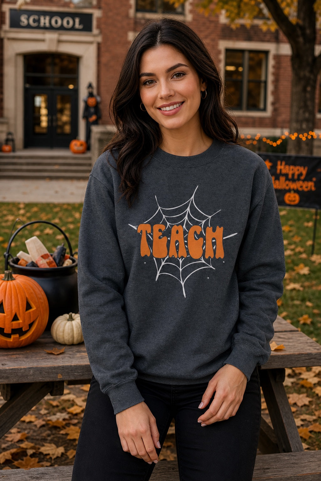 Teach groovy retro bubble letter Halloween crewneck sweatshirt, warm orange DTF print on dark fabric worn by a model