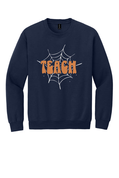 Teach groovy retro bubble letter Halloween crewneck sweatshirt, warm orange DTF print on dark fabric in Navy
