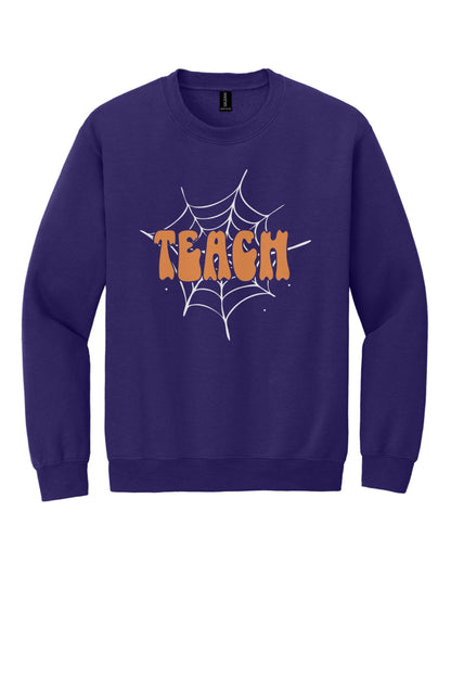 Teach groovy retro bubble letter Halloween crewneck sweatshirt, warm orange DTF print on dark fabric in Purple