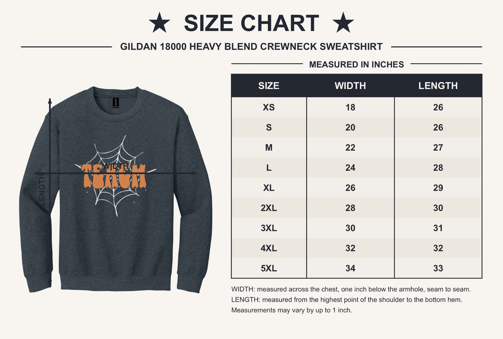 Teach groovy retro bubble letter Halloween crewneck sweatshirt, warm orange DTF print on dark fabric - size chart