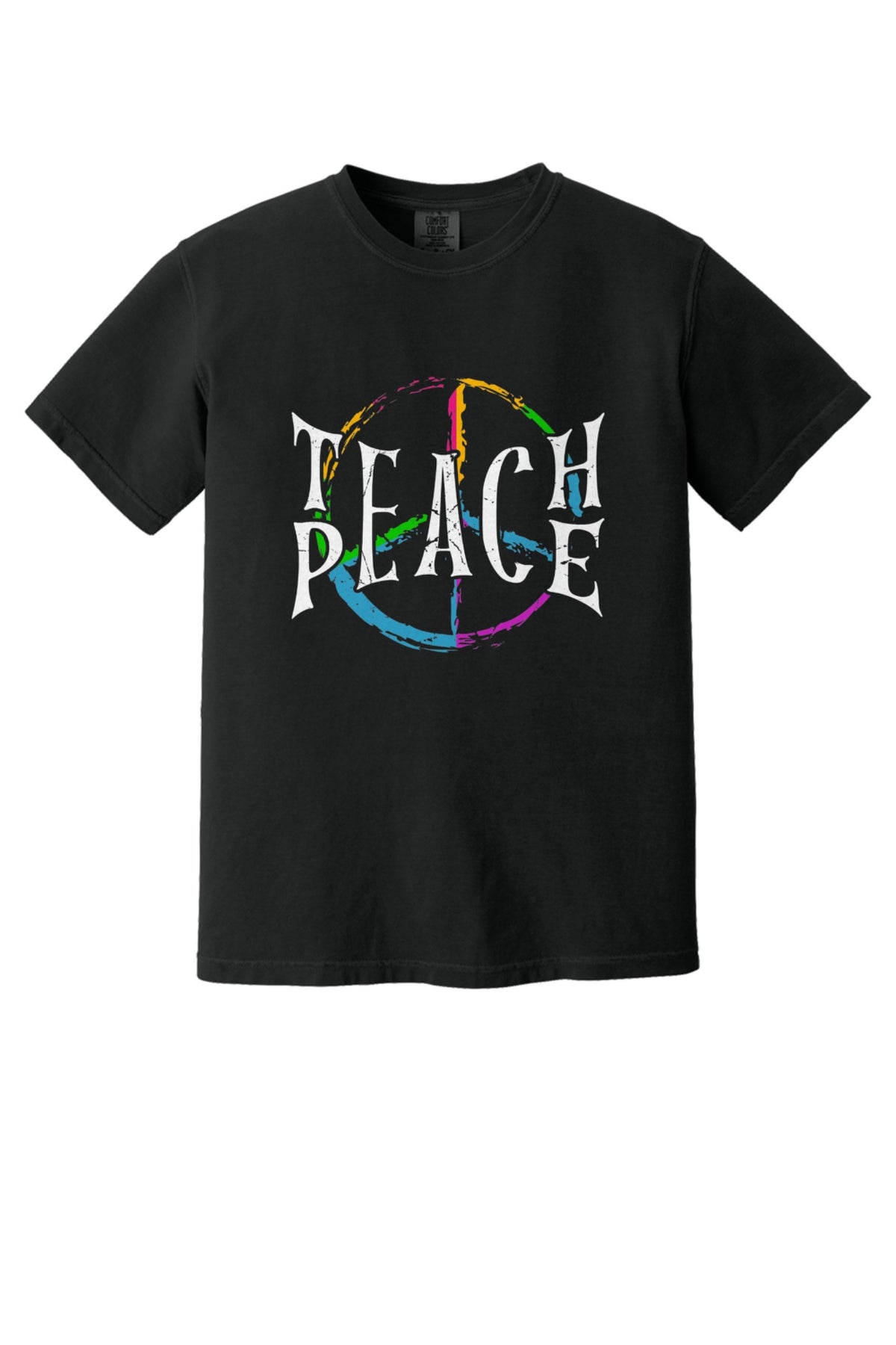Teach Peace multi-color brushstroke peace sign printed on a Comfort Colors heavyweight tee in Black