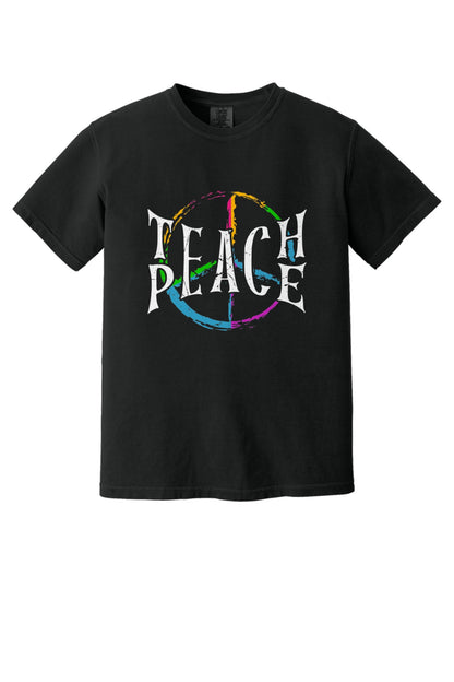 Teach Peace multi-color brushstroke peace sign printed on a Comfort Colors heavyweight tee in Black
