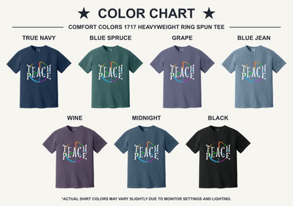 Teach Peace multi-color brushstroke peace sign printed on a Comfort Colors heavyweight tee - available shirt colors chart