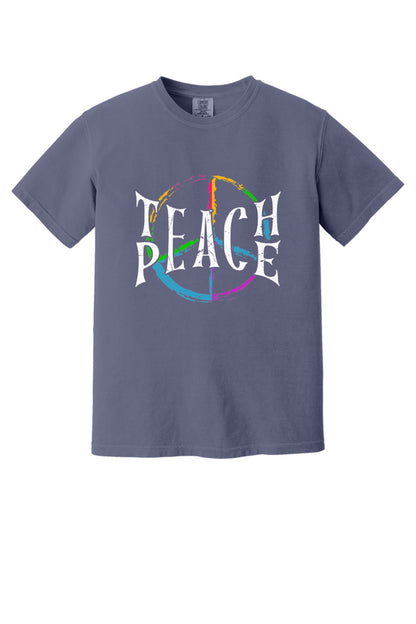 Teach Peace multi-color brushstroke peace sign printed on a Comfort Colors heavyweight tee in Grape