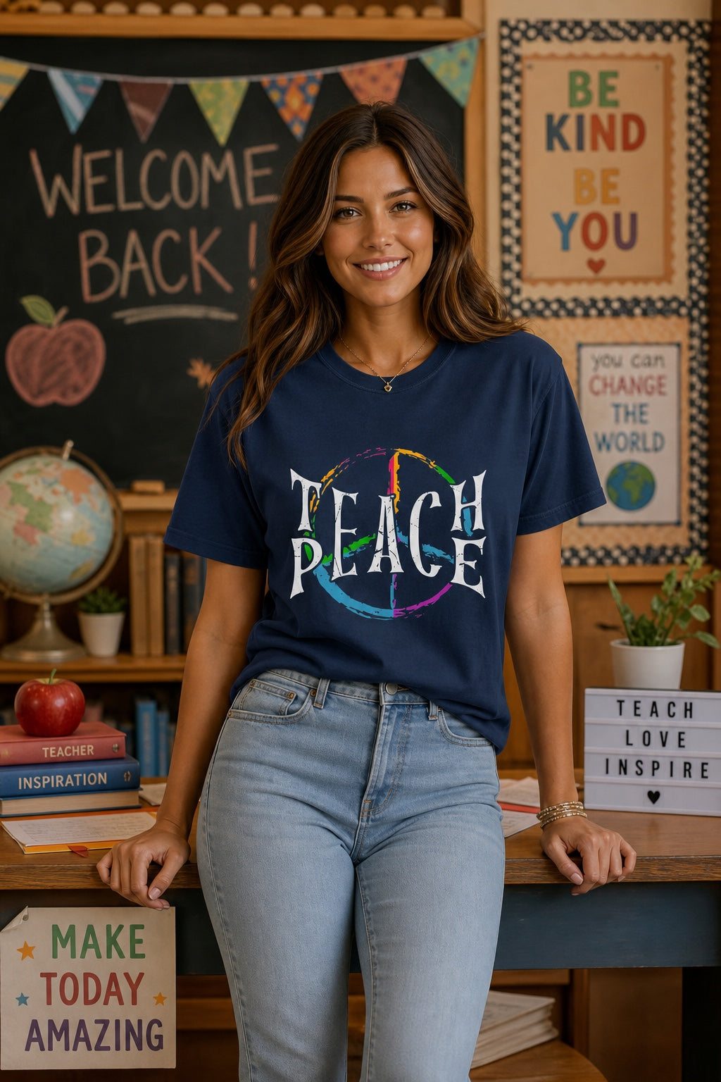 Teach Peace multi-color brushstroke peace sign printed on a Comfort Colors heavyweight tee worn by a model