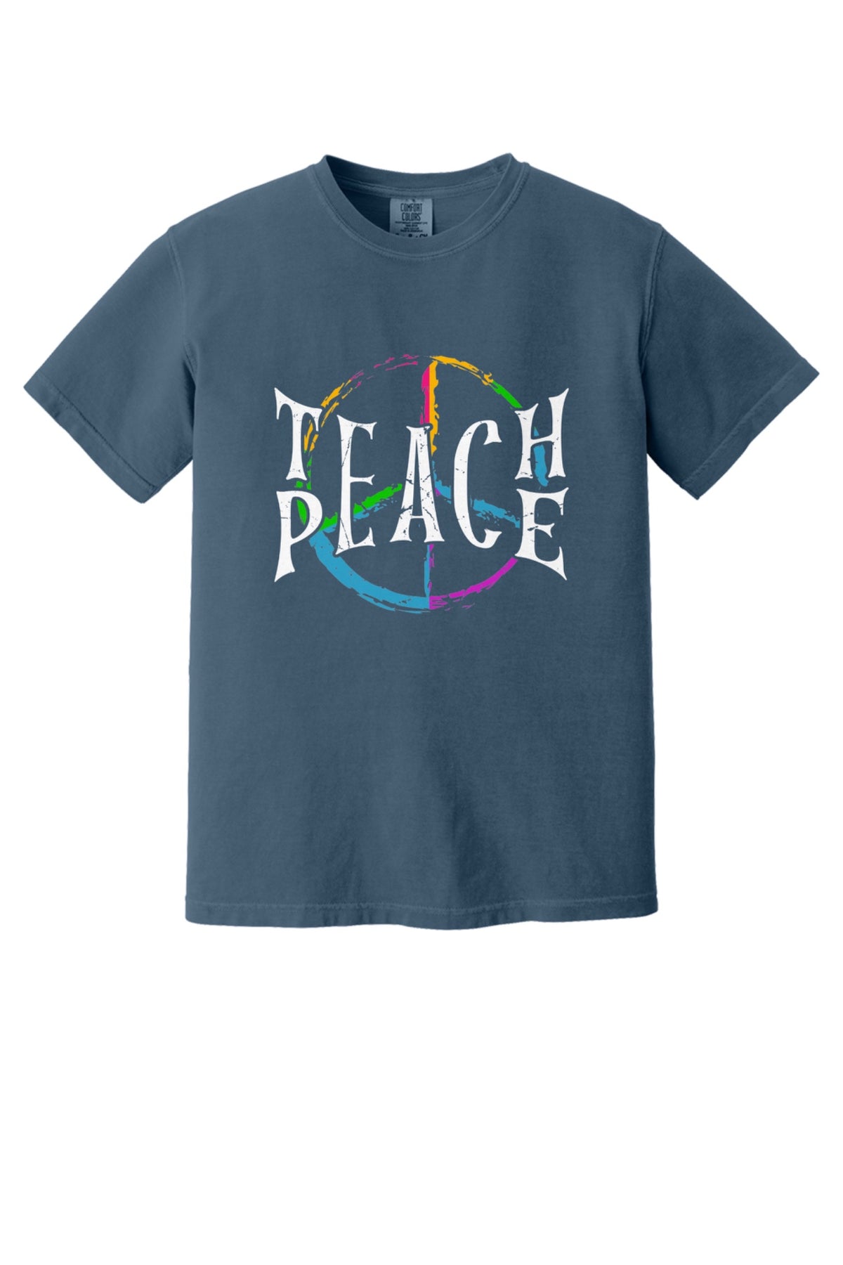 Teach Peace multi-color brushstroke peace sign printed on a Comfort Colors heavyweight tee in Midnight