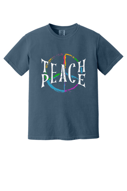 Teach Peace multi-color brushstroke peace sign printed on a Comfort Colors heavyweight tee in Midnight