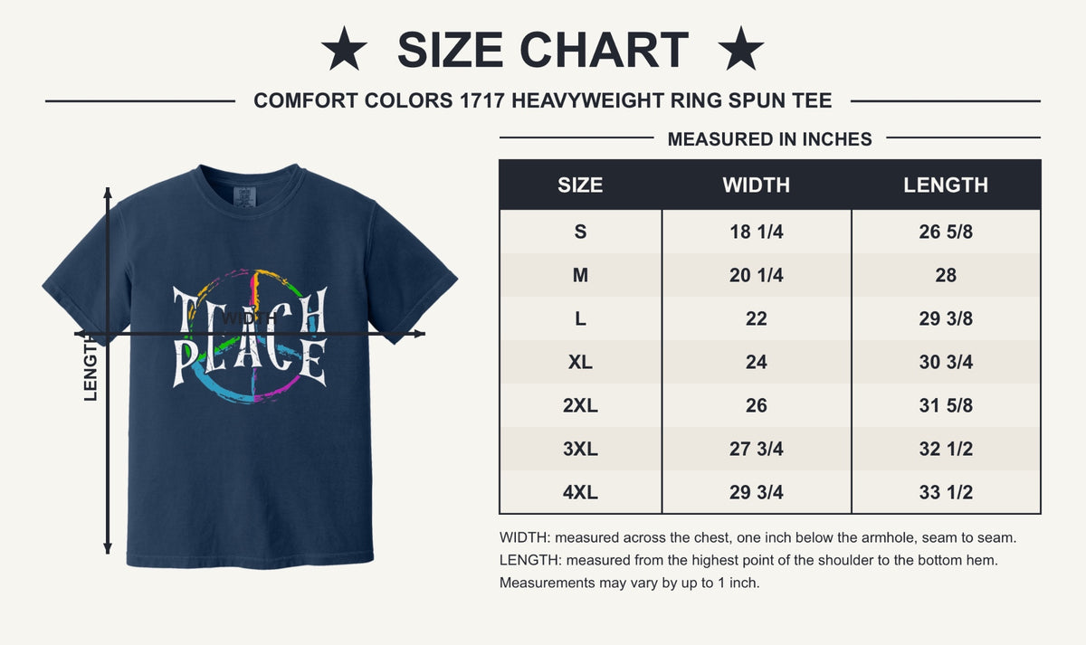 Teach Peace multi-color brushstroke peace sign printed on a Comfort Colors heavyweight tee - size chart