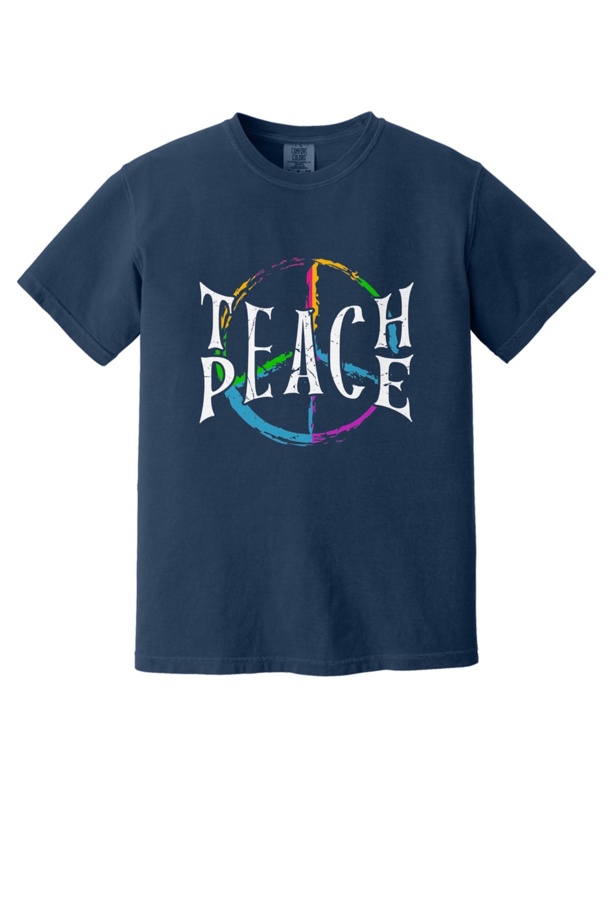 Teach Peace multi-color brushstroke peace sign printed on a Comfort Colors heavyweight tee in True Navy