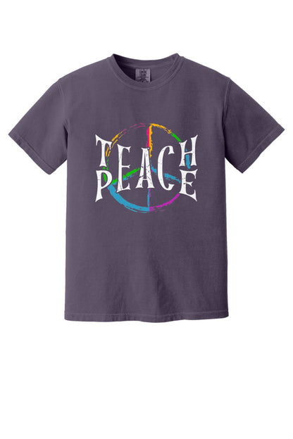 Teach Peace multi-color brushstroke peace sign printed on a Comfort Colors heavyweight tee in Wine